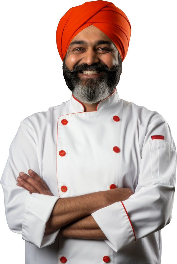 Indian chef in a white jacket and red turban