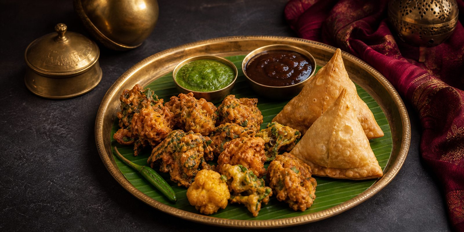 Samosas and vegetable pakoras